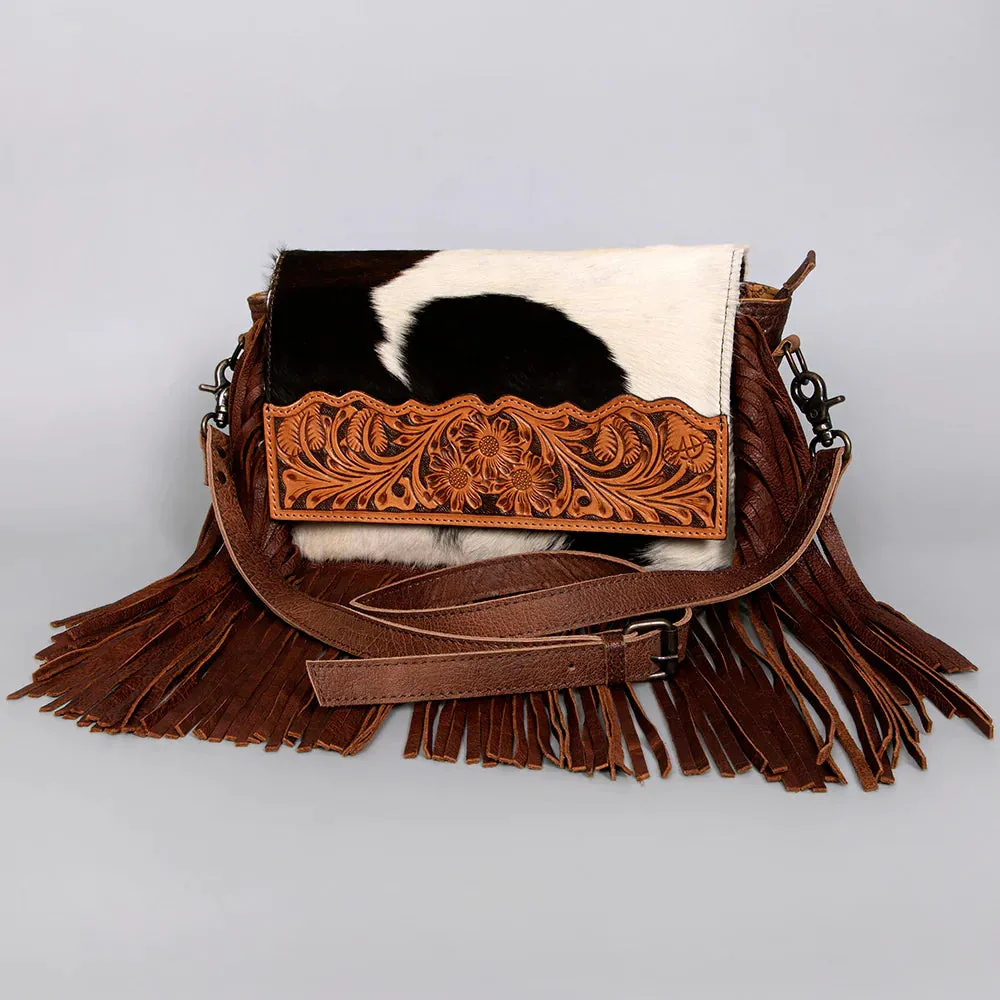 American Darling Brown White Hide and Fringe Purse