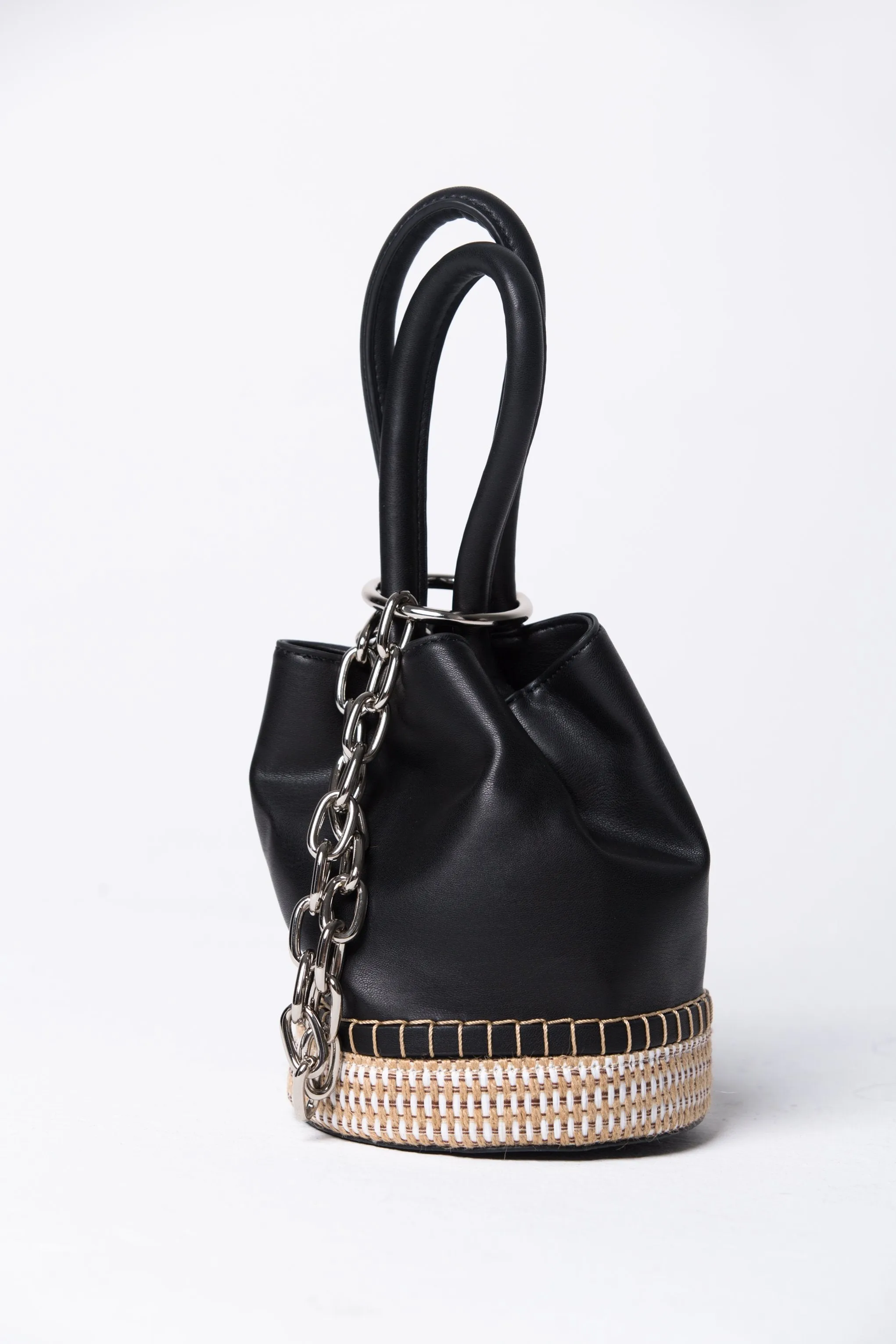 Black Faux Leather and Weave Straw Bucket Handbag