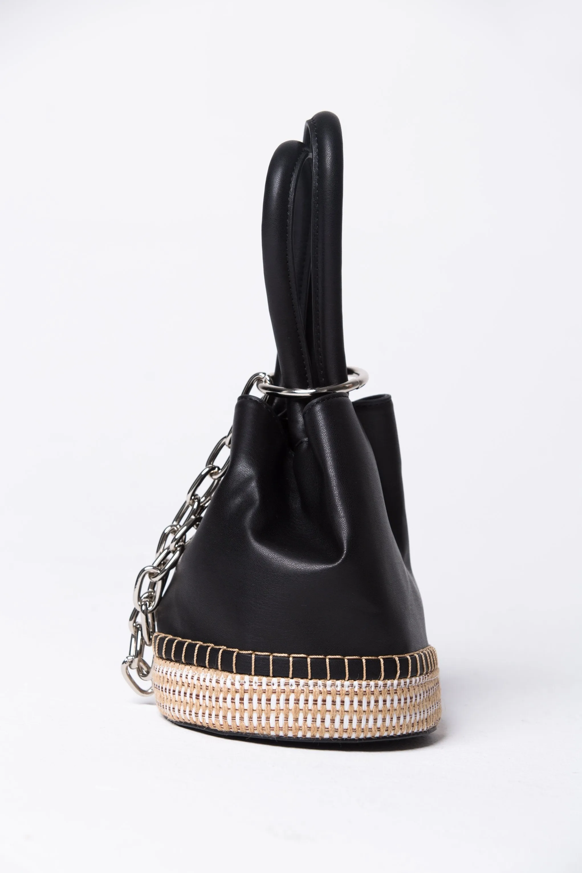 Black Faux Leather and Weave Straw Bucket Handbag