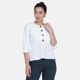 Comfort fit White Cotton Flap & wood Button Top