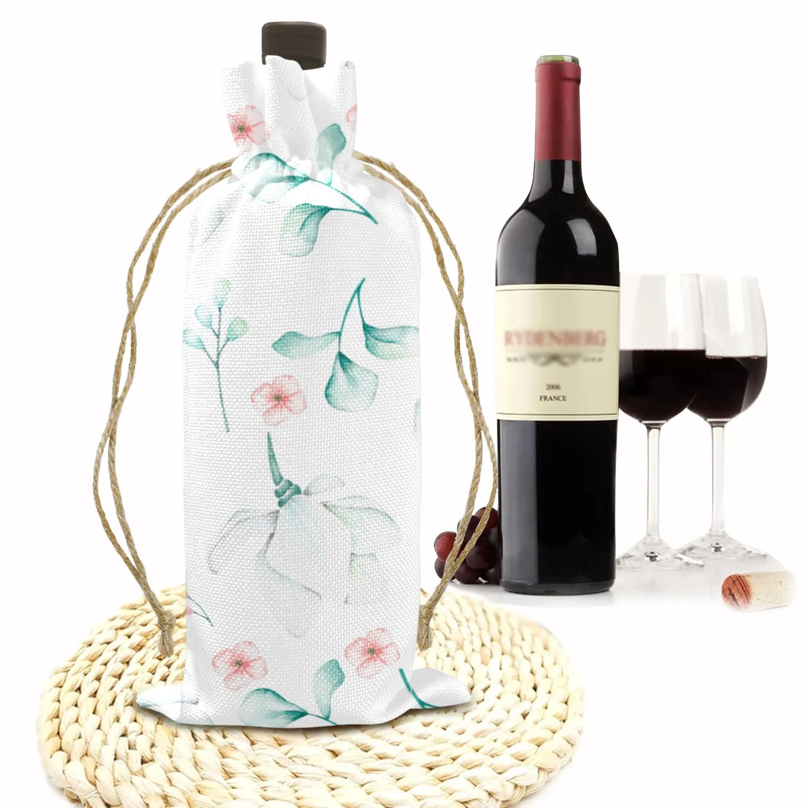 Eucalyptus Leaves Linen Wine Bottle Bag