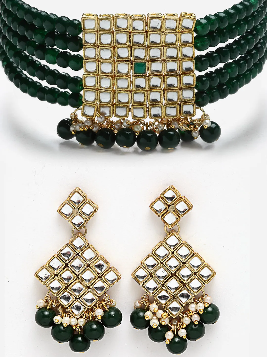 Gold-Plated Embellished Kundan and Green Beads Handcrafted Choker Necklace Set