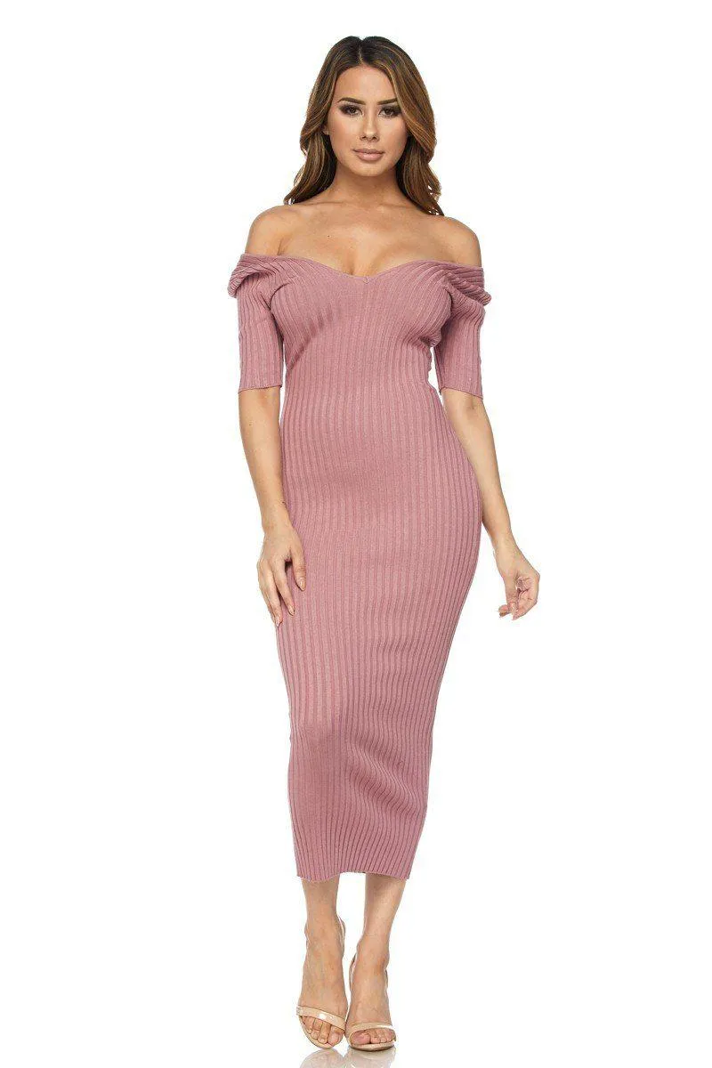 Mauve Half Sleeve Off Shoulder Ribbed Midi Dress