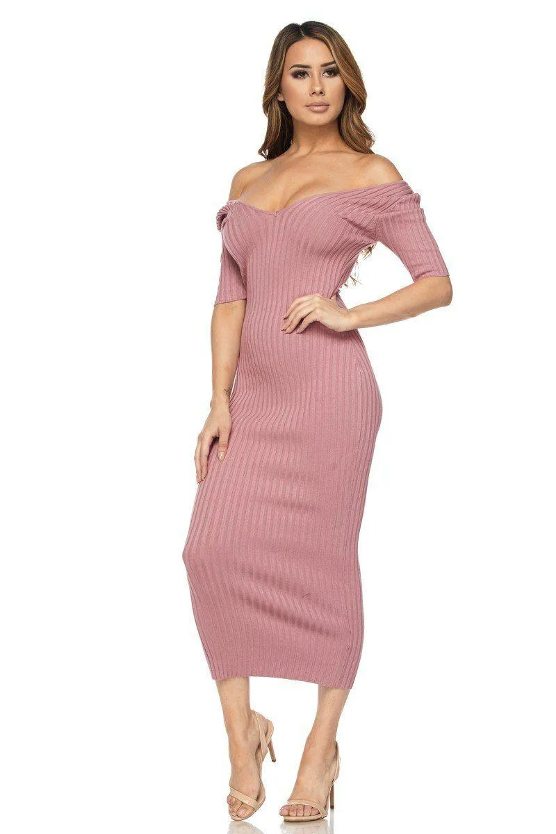 Mauve Half Sleeve Off Shoulder Ribbed Midi Dress