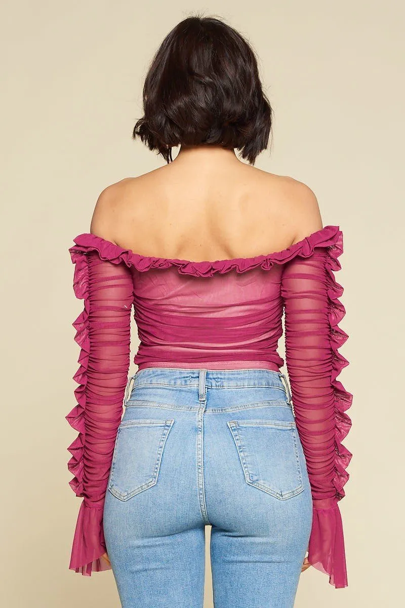 Nicky Minaj Magenta Ruched Lace-Up Off Shoulder Crop Top