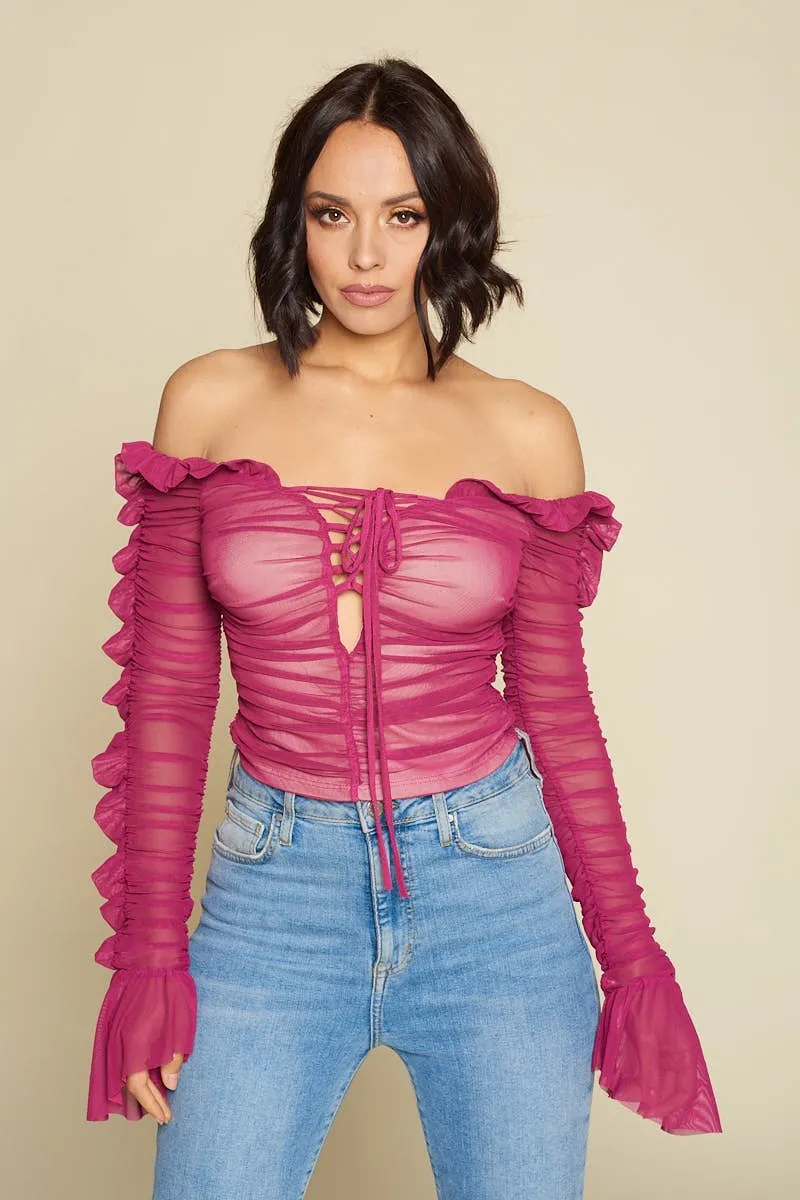 Nicky Minaj Magenta Ruched Lace-Up Off Shoulder Crop Top