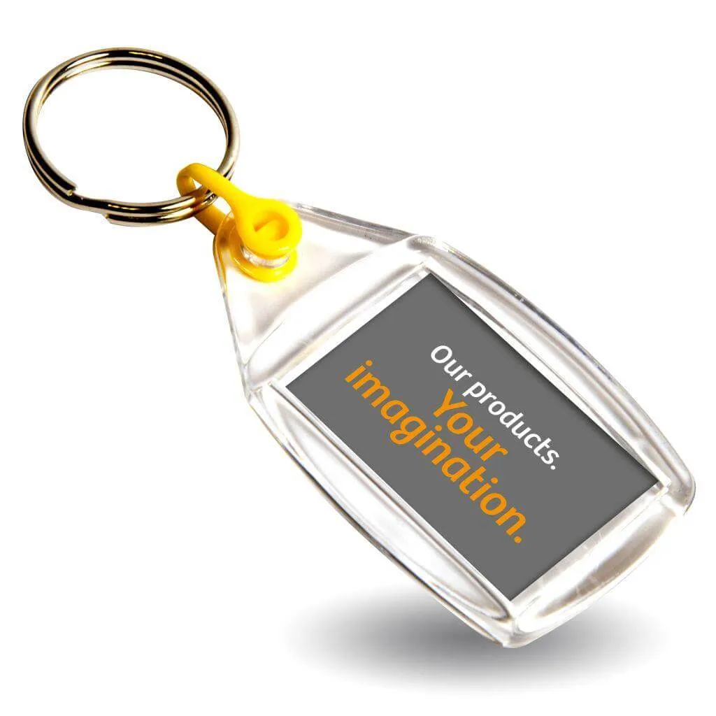 P502 Rectangular Blank Plastic Photo Insert Keyring with Coloured Connector - 35 x 24mm - Pack of 50