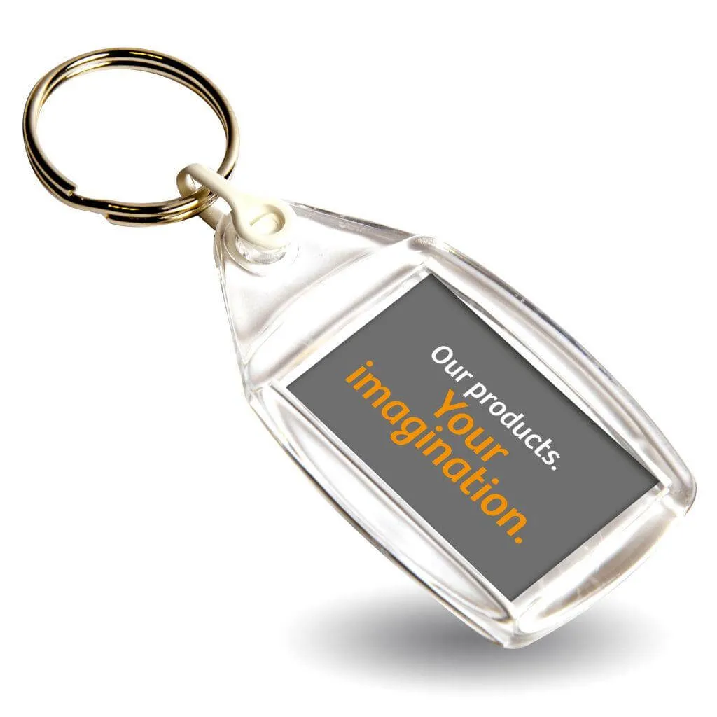 P502 Rectangular Blank Plastic Photo Insert Keyring with Coloured Connector - 35 x 24mm - Pack of 50