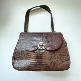 Vintage 40s/50s Small Brown Lizard Handbag, Brass Fittings